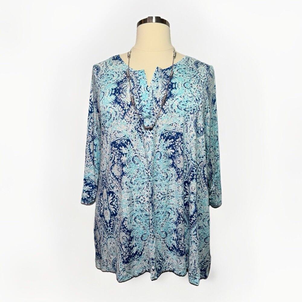 Cynthia Rowley Tunic Women’s Size 3X Blue & Aqua Paisley Blouse Lace Hem - Picture 1 of 7